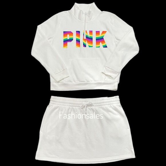 Victorias Secret Set Pink Everyday Lounge Zip Pullover & High Waist Fleece Skirt - Picture 1 of 10